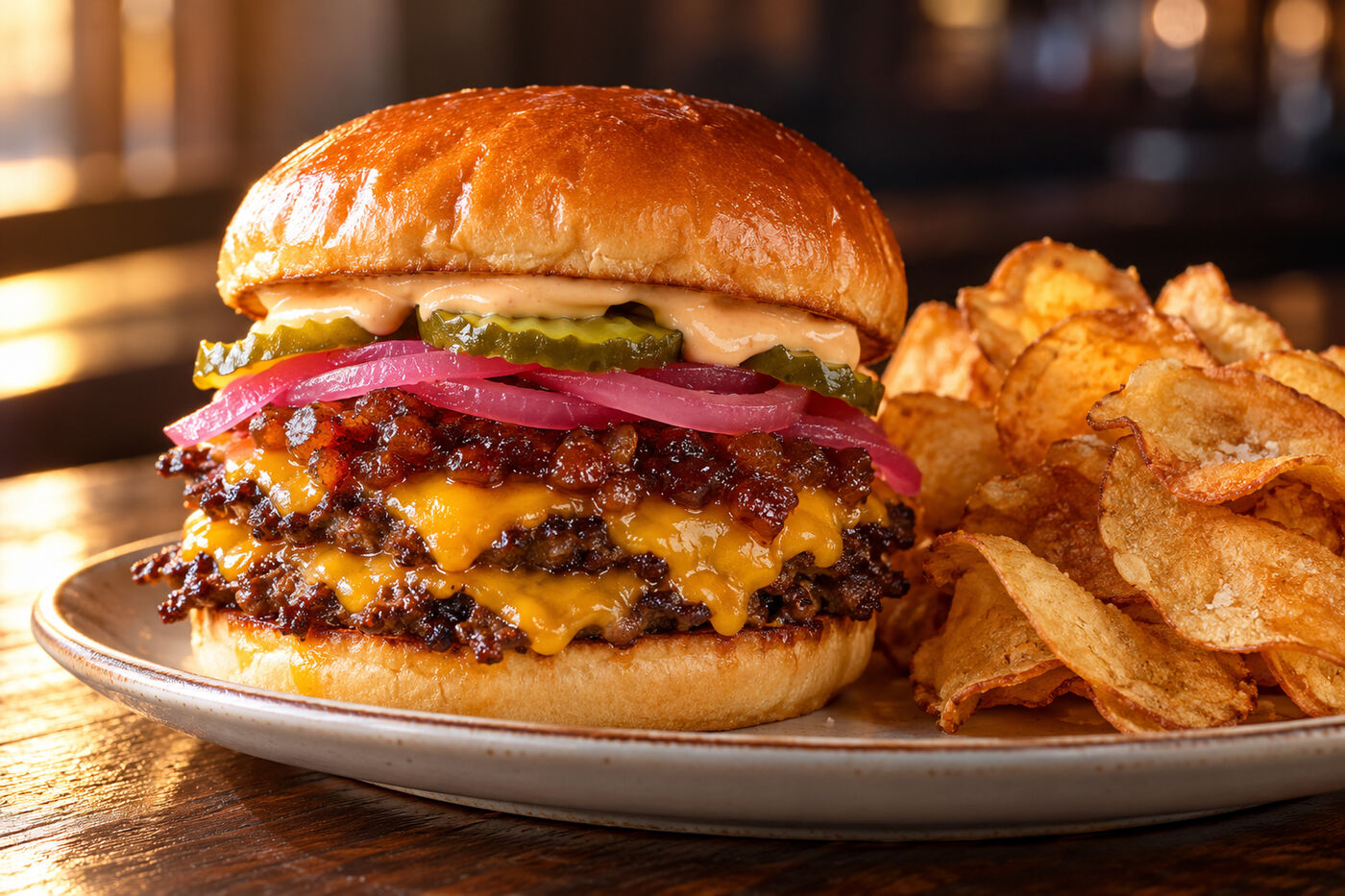 Bojak's Smash Burger with bacon jam, cheddar and pickled onion, house chips on the side