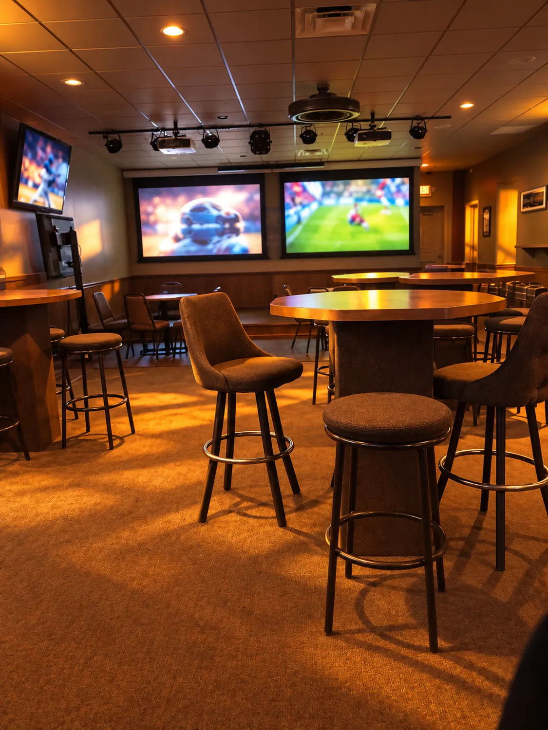 High-top tables facing the TVs